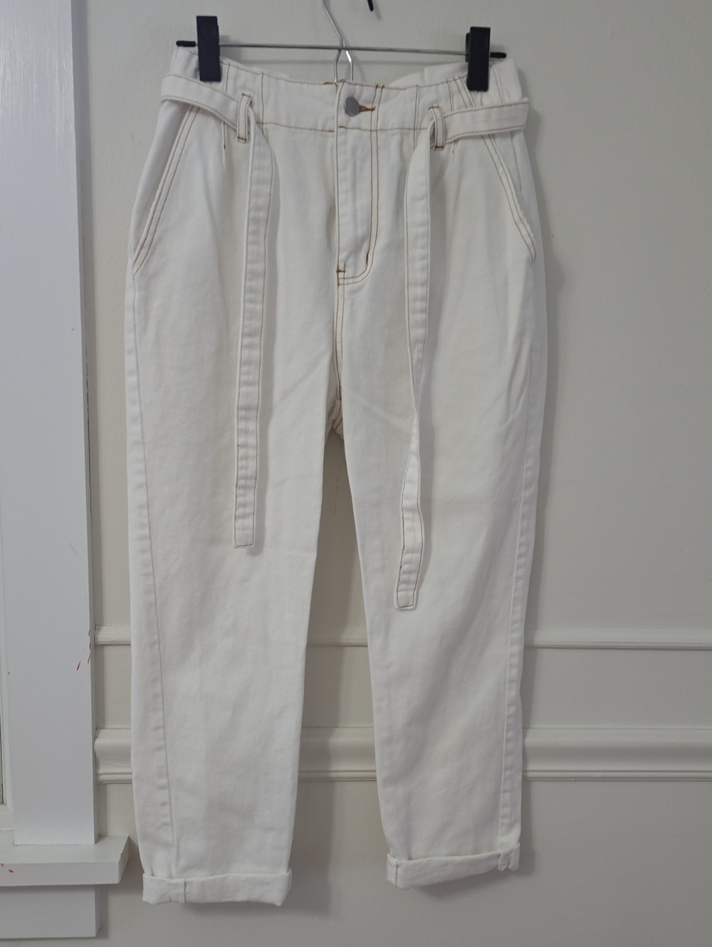 Bohme White Denim Paperbag Pants Tie Waist High Rise NWT